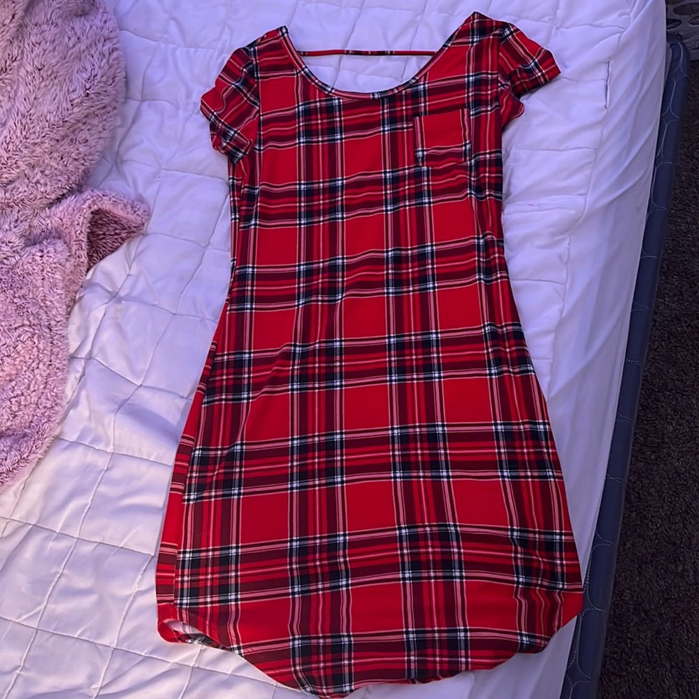 Skin tight dress, red, plaid, long, strap in the back